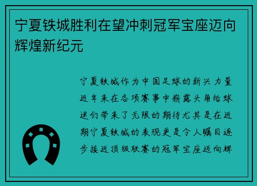宁夏铁城胜利在望冲刺冠军宝座迈向辉煌新纪元