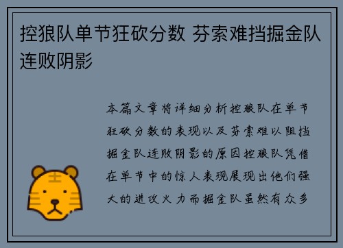 控狼队单节狂砍分数 芬索难挡掘金队连败阴影