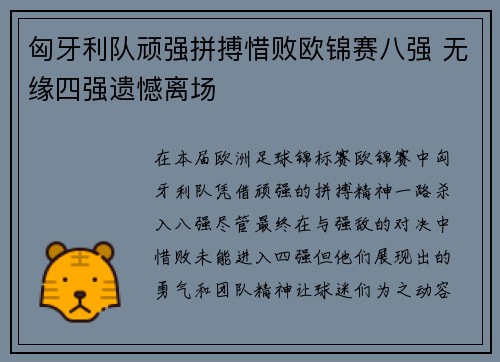 匈牙利队顽强拼搏惜败欧锦赛八强 无缘四强遗憾离场