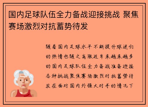 国内足球队伍全力备战迎接挑战 聚焦赛场激烈对抗蓄势待发