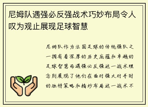 尼姆队遇强必反强战术巧妙布局令人叹为观止展现足球智慧
