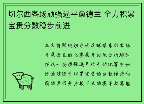 切尔西客场顽强逼平桑德兰 全力积累宝贵分数稳步前进