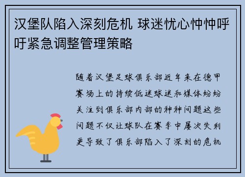 汉堡队陷入深刻危机 球迷忧心忡忡呼吁紧急调整管理策略