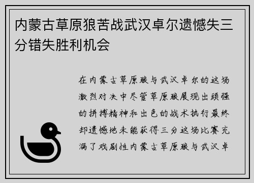 内蒙古草原狼苦战武汉卓尔遗憾失三分错失胜利机会