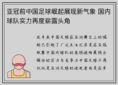 亚冠前中国足球崛起展现新气象 国内球队实力再度崭露头角